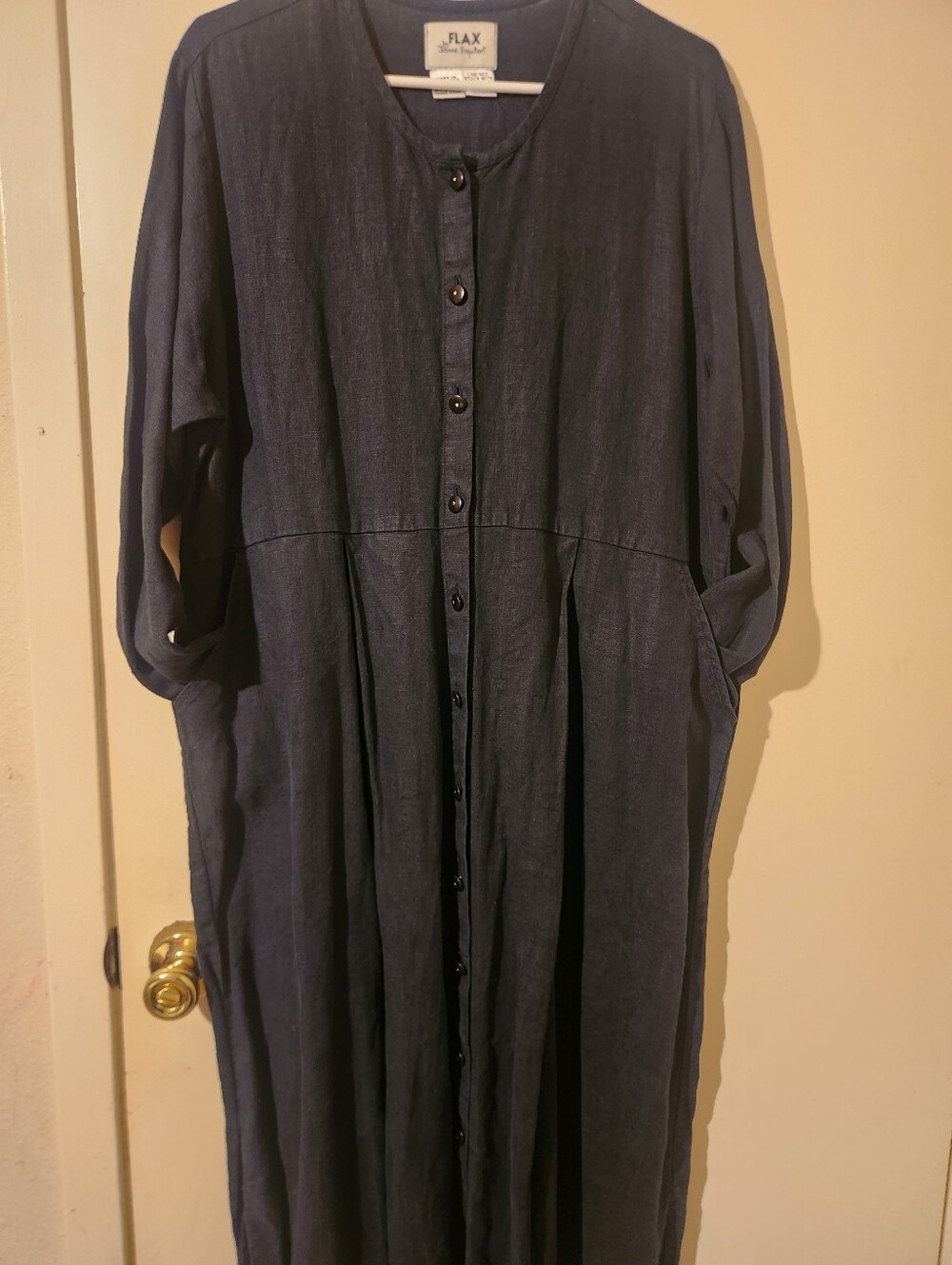 Flax By Jeanne Engelhart Black Button-Front Maxi Mid-weight Linen Dress Medium